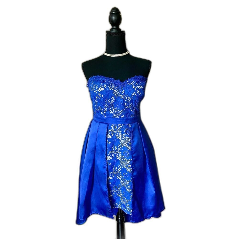 MANIJU strapless fit & flare royal blue party dress satin lace high low L NWT